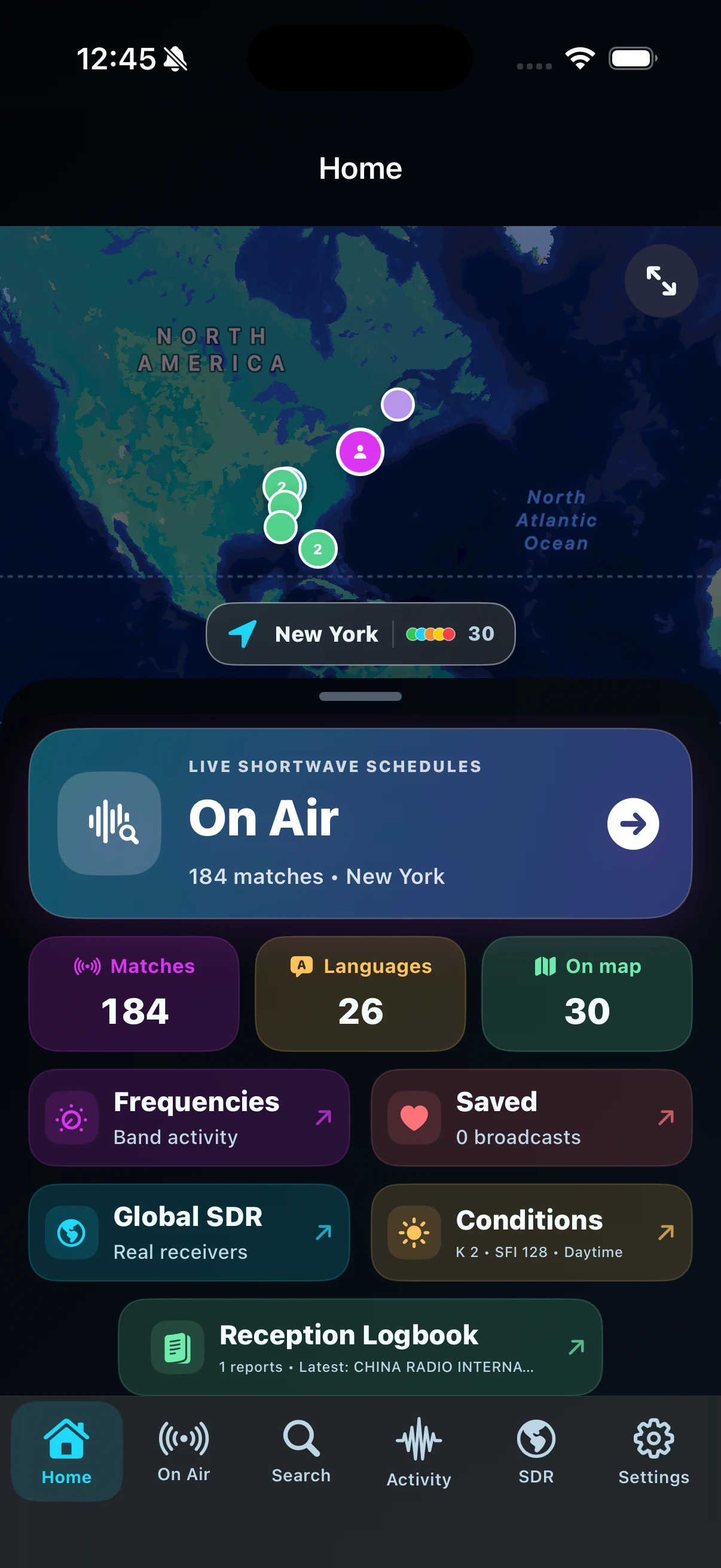 DXLens Home screen with the reception map and listening tools