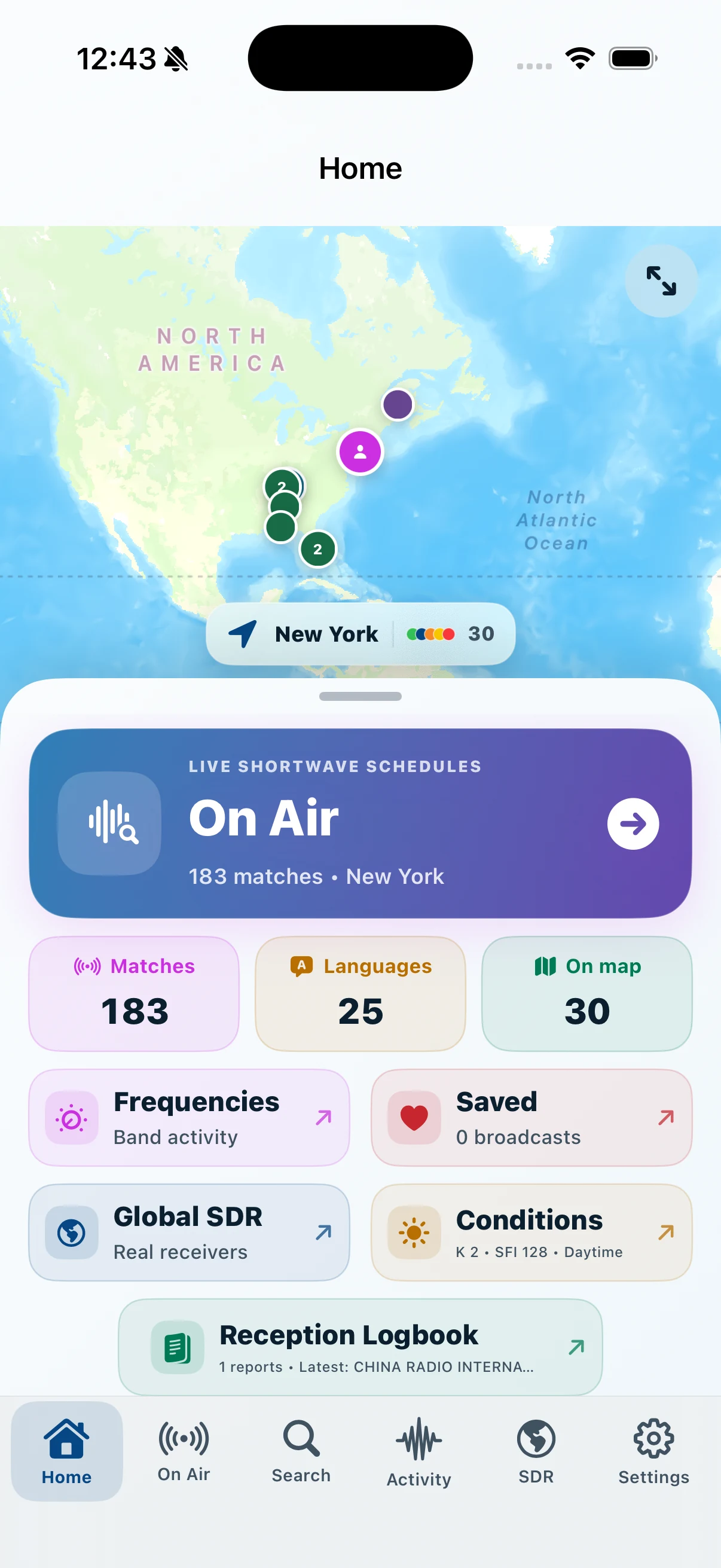 DXLens Home screen with the reception map and listening tools